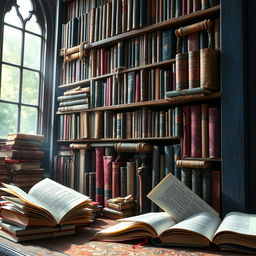 A magical bookshelf filled with books of various sizes, leaning slightly with age, featuring a striking color palette of deep violet and rich blue