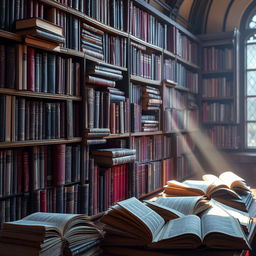 A magical bookshelf filled with books of various sizes, leaning slightly with age, featuring a striking color palette of deep violet and rich blue