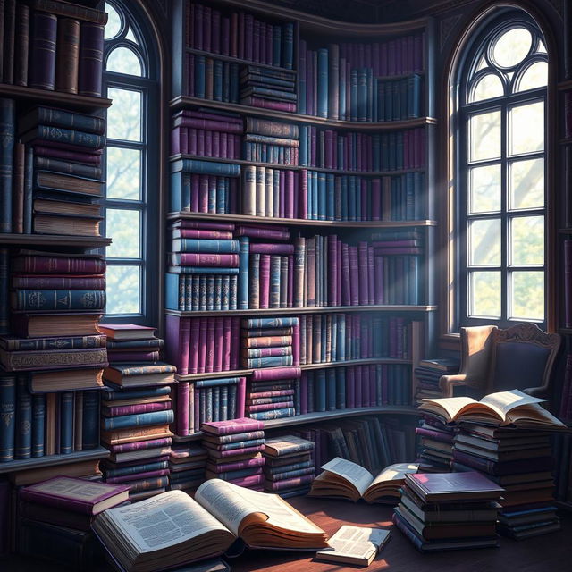 A magical bookshelf filled with books of various sizes, leaning slightly with age, featuring a striking color palette of deep violet and rich blue