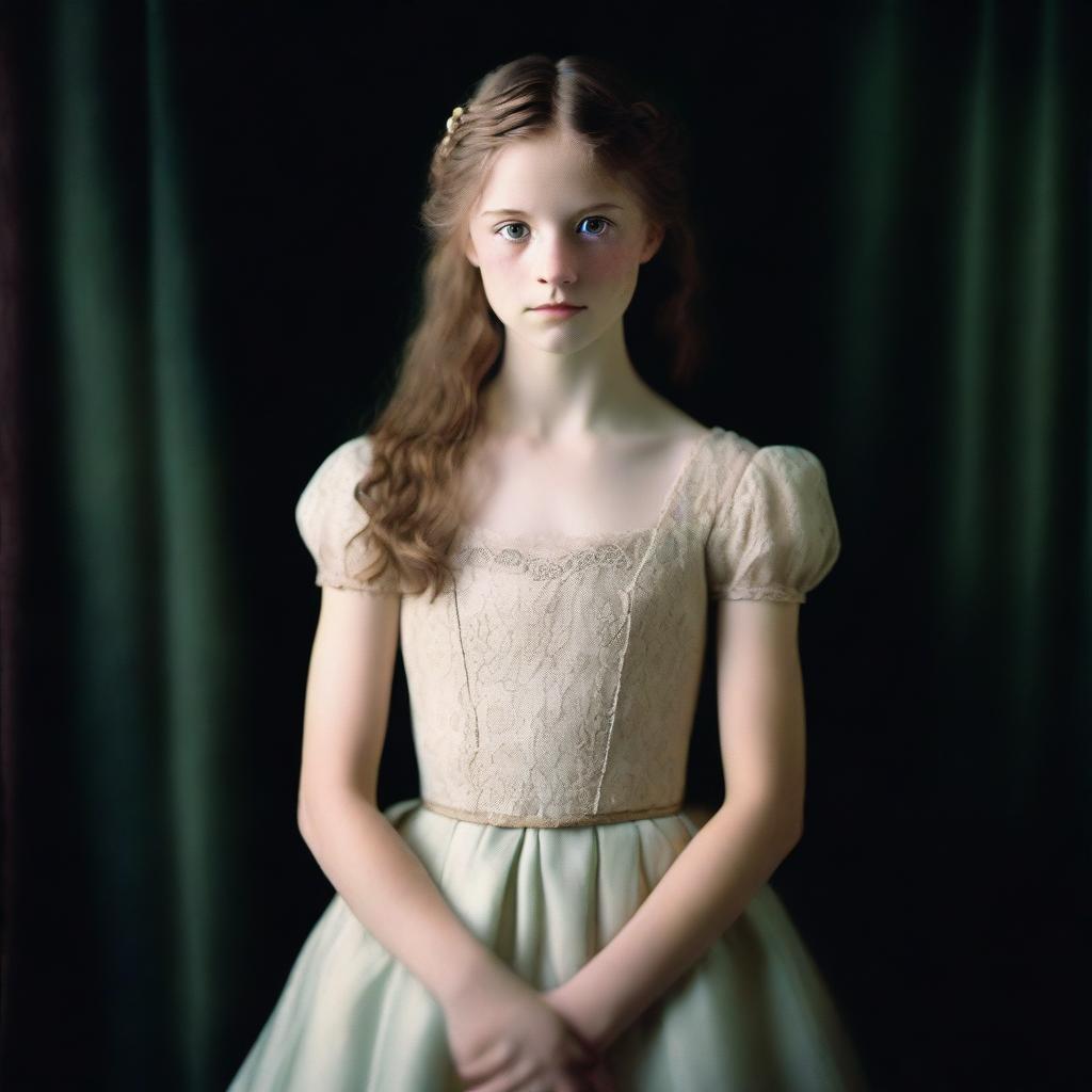 High-quality, full body photograph of a fair-skinned girl with green eyes and light brown hair, dressed in an antique-style wedding dress