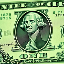 A detailed and artistic representation of a United States one dollar bill, showcasing intricate designs and elements such as the portrait of George Washington, the iconic large 'ONE' on the front, and the ornate patterns and engravings typical of currency