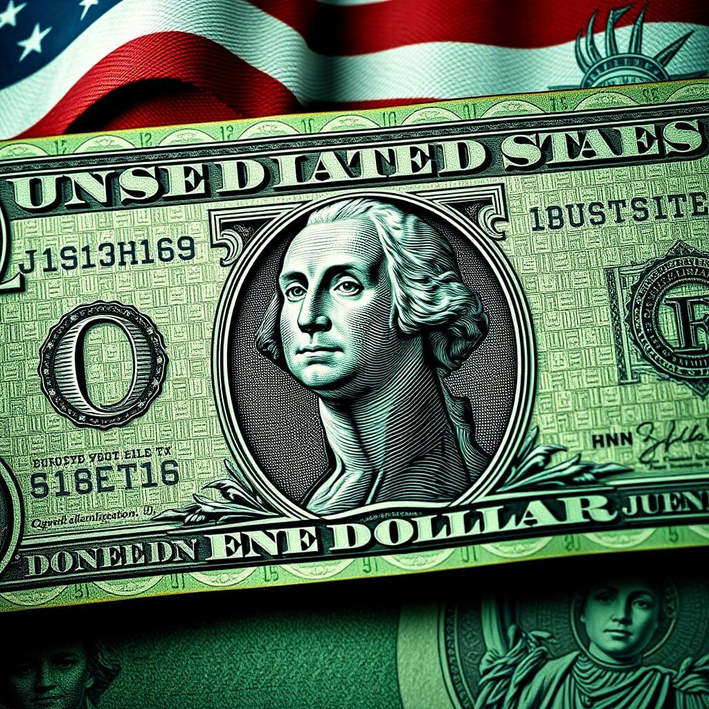 A detailed and artistic representation of a United States one dollar bill, showcasing intricate designs and elements such as the portrait of George Washington, the iconic large 'ONE' on the front, and the ornate patterns and engravings typical of currency