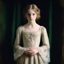 High-quality, full body photograph of a fair-skinned girl with green eyes and light brown hair, dressed in an antique-style wedding dress