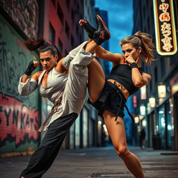 A dynamic scene depicting powerful and confident female fighters, showcasing their strength and skill in a city street setting at dusk