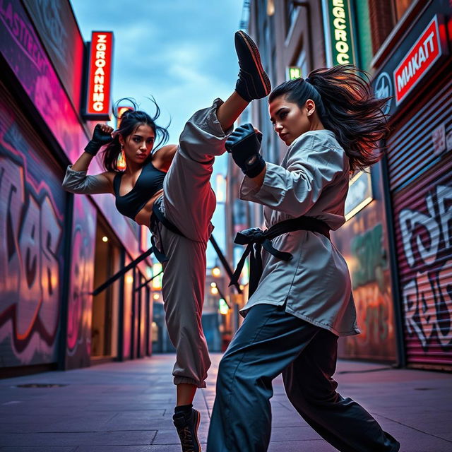 A dynamic scene depicting powerful and confident female fighters, showcasing their strength and skill in a city street setting at dusk