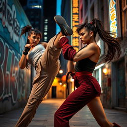 A dynamic scene depicting powerful and confident female fighters, showcasing their strength and skill in a city street setting at dusk