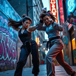 A dynamic scene depicting powerful and confident female fighters, showcasing their strength and skill in a city street setting at dusk