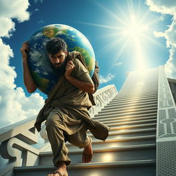 A weary man with a somber expression is carrying the Earth on his back, symbolizing a heavy burden
