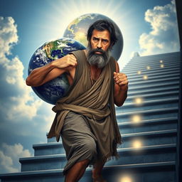 A weary man with a somber expression is carrying the Earth on his back, symbolizing a heavy burden