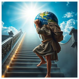 A weary man with a somber expression is carrying the Earth on his back, symbolizing a heavy burden