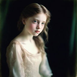 High-quality, full body photograph of a fair-skinned girl with green eyes and light brown hair, dressed in an antique-style wedding dress