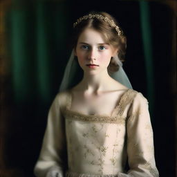 High-quality, full body photograph of a fair-skinned girl with green eyes and light brown hair, dressed in an antique-style wedding dress