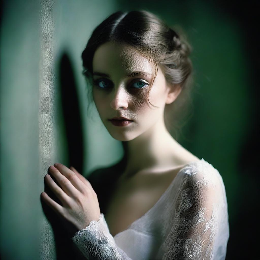 A high-quality, full-body photograph captures a white-skinned girl with striking green eyes, dressed in a wedding dress