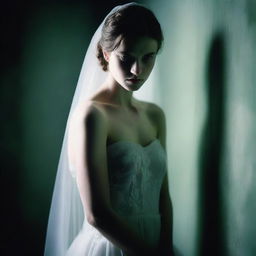 A high-quality, full-body photograph captures a white-skinned girl with striking green eyes, dressed in a wedding dress