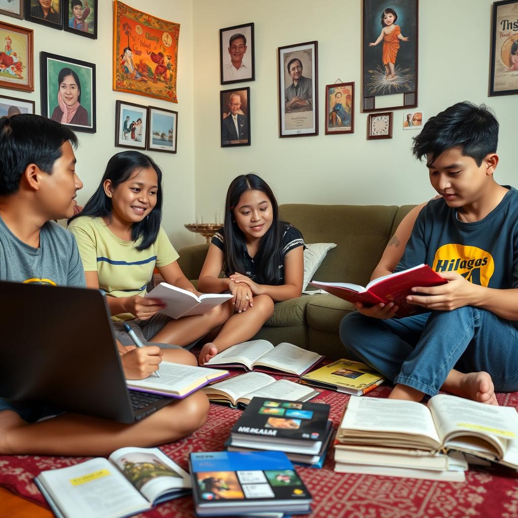 A lively scene of Filipino students studying at home, showcasing diversity among the students