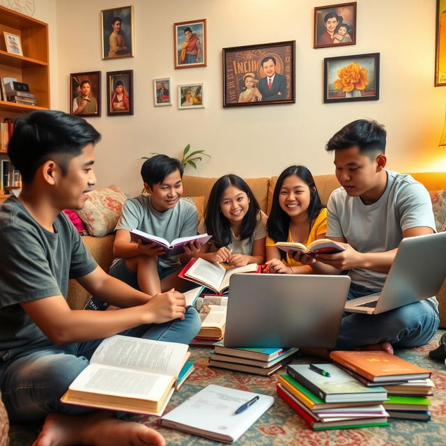 A lively scene of Filipino students studying at home, showcasing diversity among the students