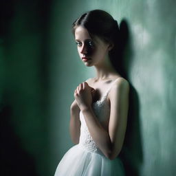 A high-quality, full-body photograph captures a white-skinned girl with striking green eyes, dressed in a wedding dress