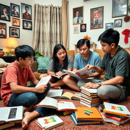 A lively scene of Filipino students studying at home, showcasing diversity among the students