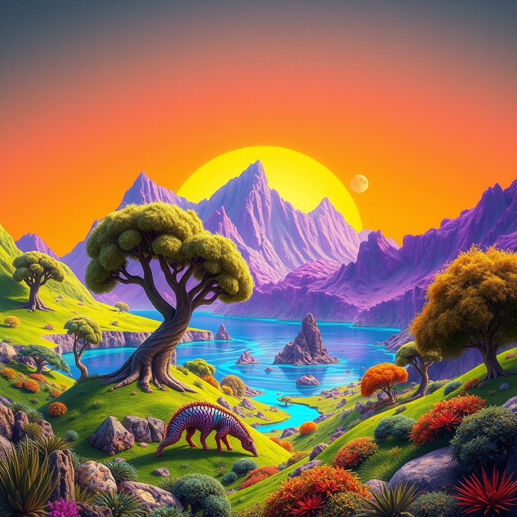 A vibrant and colorful alien planet named Yuyes, featuring lush green landscapes, brilliant blue oceans, and majestic purple mountains under a vivid orange sky