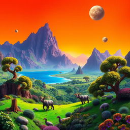 A vibrant and colorful alien planet named Yuyes, featuring lush green landscapes, brilliant blue oceans, and majestic purple mountains under a vivid orange sky