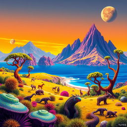 A vibrant and colorful alien planet named Yuyes, featuring lush green landscapes, brilliant blue oceans, and majestic purple mountains under a vivid orange sky