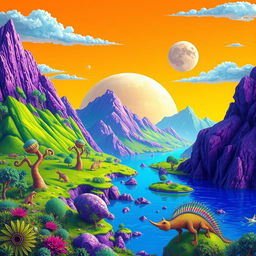 A vibrant and colorful alien planet named Yuyes, featuring lush green landscapes, brilliant blue oceans, and majestic purple mountains under a vivid orange sky