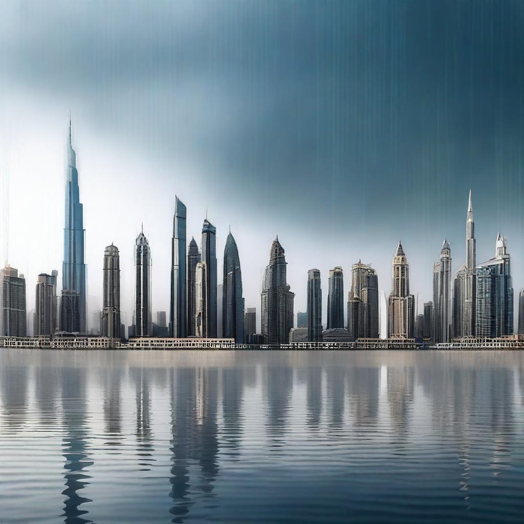 A high-resolution digital art image portraying the skyline of Dubai under heavy rainfall