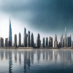 A high-resolution digital art image portraying the skyline of Dubai under heavy rainfall