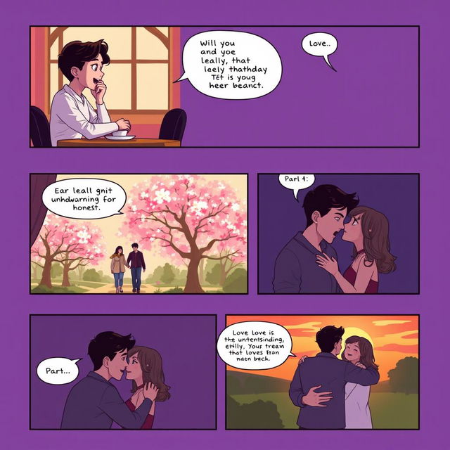 A comic strip illustrating the themes of honesty and love across five panels