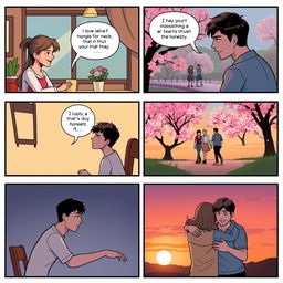 A comic strip illustrating the themes of honesty and love across five panels