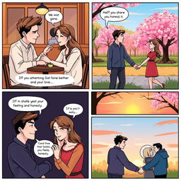 A comic strip illustrating the themes of honesty and love across five panels