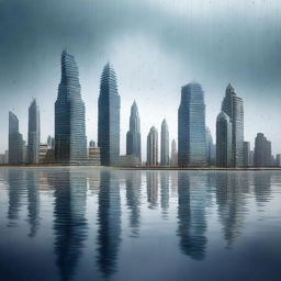 A high-resolution digital art image portraying the skyline of Dubai under heavy rainfall