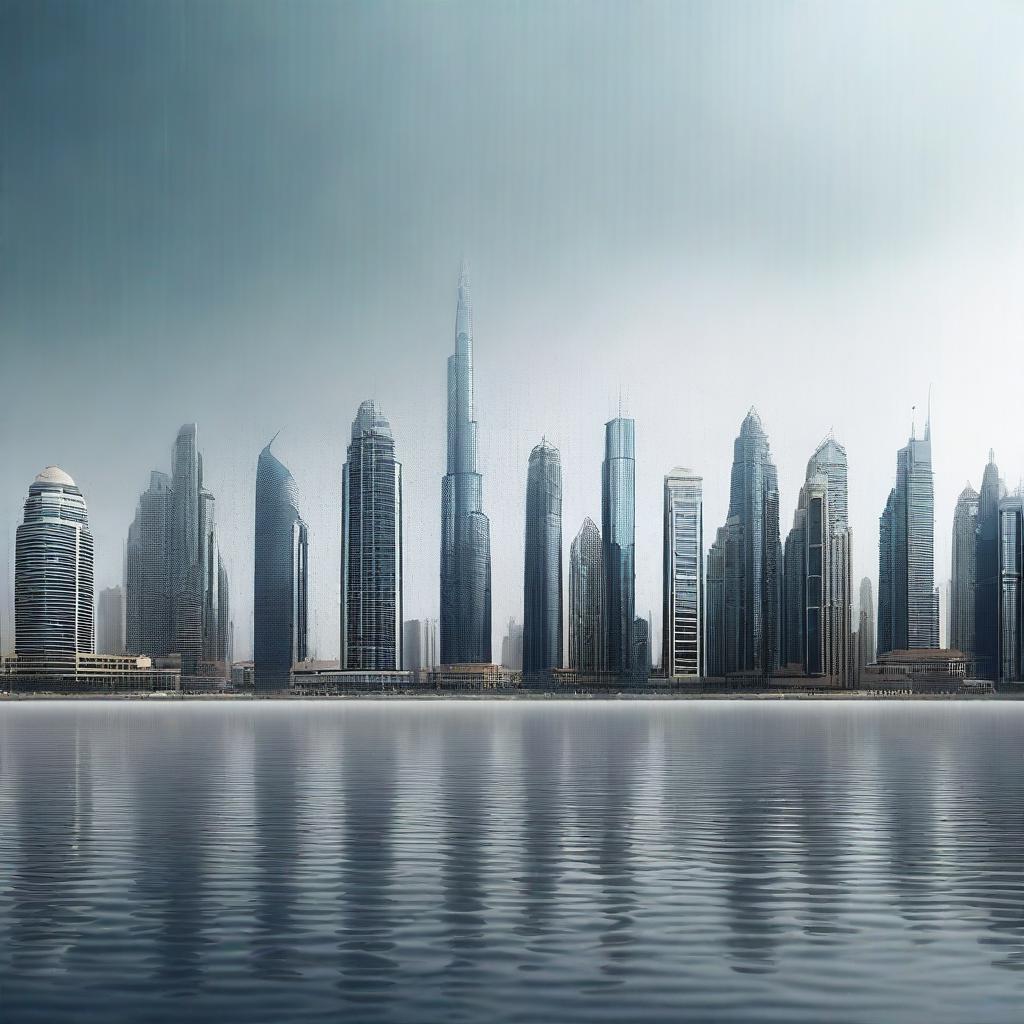 A high-resolution digital art image portraying the skyline of Dubai under heavy rainfall