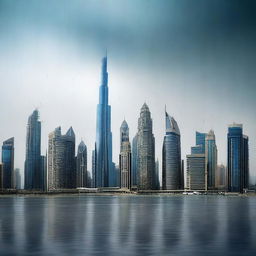 A high-resolution digital art image portraying the skyline of Dubai under heavy rainfall