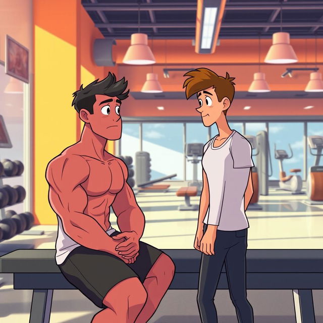 An animation scene featuring a muscular man with a burgundy physique, sitting on a bench in a bright fitness gym