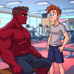 An animation scene featuring a muscular man with a burgundy physique, sitting on a bench in a bright fitness gym