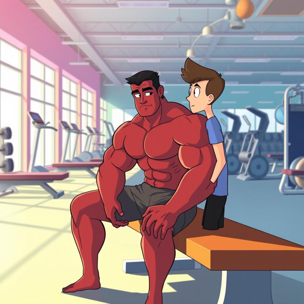 An animation scene featuring a muscular man with a burgundy physique, sitting on a bench in a bright fitness gym
