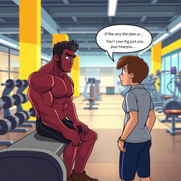 An animation scene featuring a muscular man with a burgundy physique, sitting on a bench in a bright fitness gym