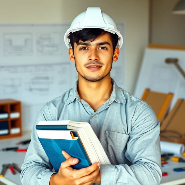 A male engineering student with black hair, standing confidently and wearing a safety helmet (hard hat)