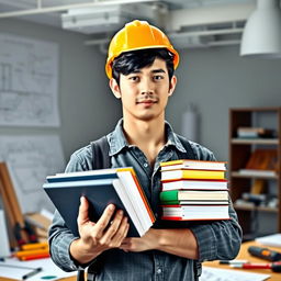 A male engineering student with black hair, standing confidently and wearing a safety helmet (hard hat)