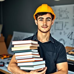 A male engineering student with black hair, standing confidently and wearing a safety helmet (hard hat)