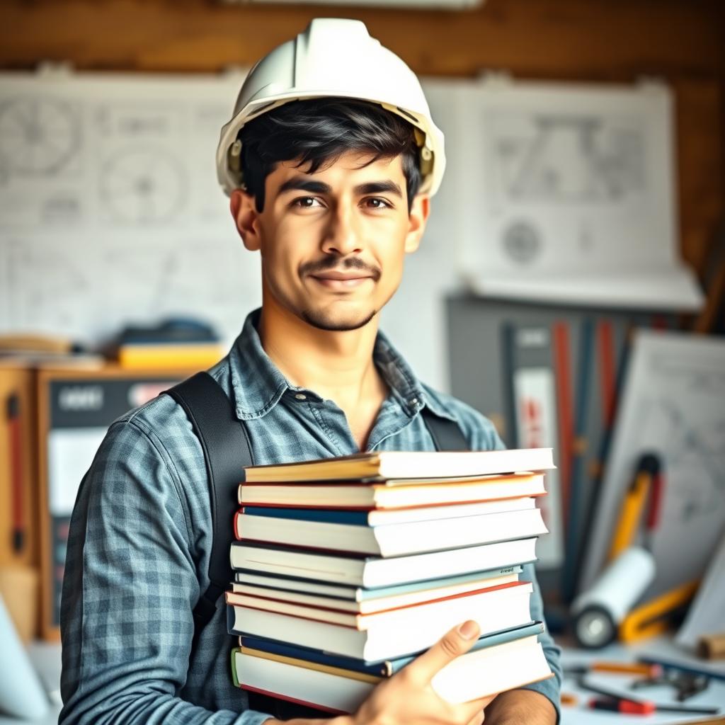 A male engineering student with black hair, standing confidently and wearing a safety helmet (hard hat)