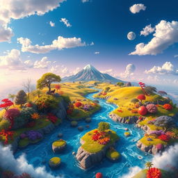 A beautiful and vibrant planet named 'Tori', showcasing a lush landscape filled with colorful flora and unique fauna, with a bright blue sky and whimsical clouds floating above