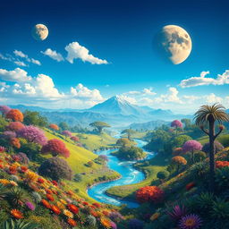 A beautiful and vibrant planet named 'Tori', showcasing a lush landscape filled with colorful flora and unique fauna, with a bright blue sky and whimsical clouds floating above