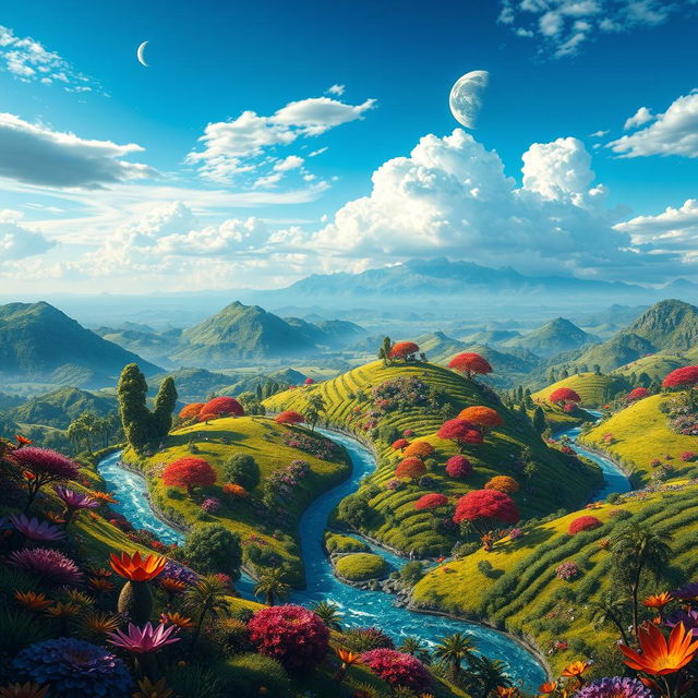 A beautiful and vibrant planet named 'Tori', showcasing a lush landscape filled with colorful flora and unique fauna, with a bright blue sky and whimsical clouds floating above