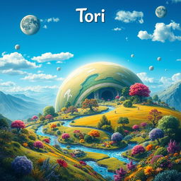 A beautiful and vibrant planet named 'Tori', showcasing a lush landscape filled with colorful flora and unique fauna, with a bright blue sky and whimsical clouds floating above