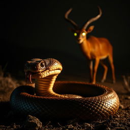 A terrifying scene featuring a roasted rattle viper, coiled and menacing, with an ibex looming in the background