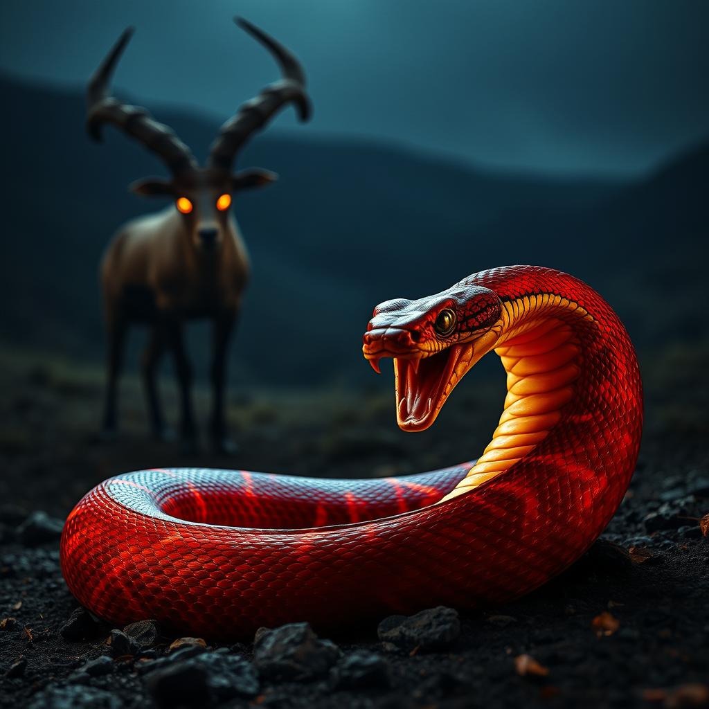 A terrifying scene featuring a roasted rattle viper, coiled and menacing, with an ibex looming in the background