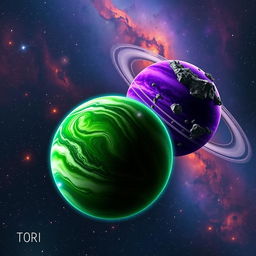 A stunning cosmic scene featuring two planets named 'Tori' and 'Yuyes' in space, showcasing their unique characteristics