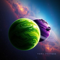 A stunning cosmic scene featuring two planets named 'Tori' and 'Yuyes' in space, showcasing their unique characteristics